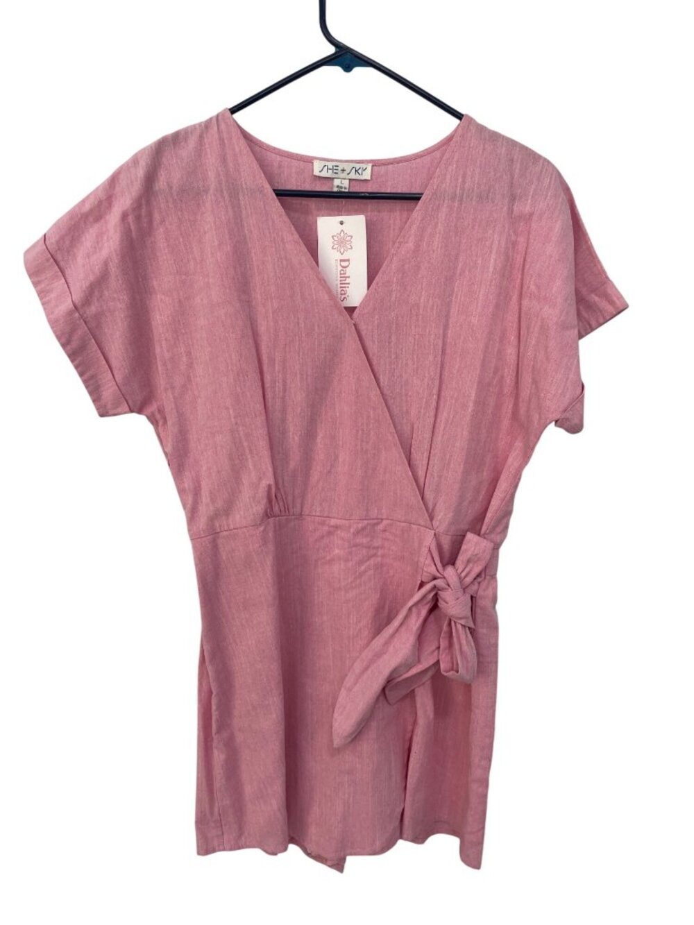 She+Sky Maggie Romper Large Short Sleeve V-Neck Elastic Waist Side Tie Pink NEW
